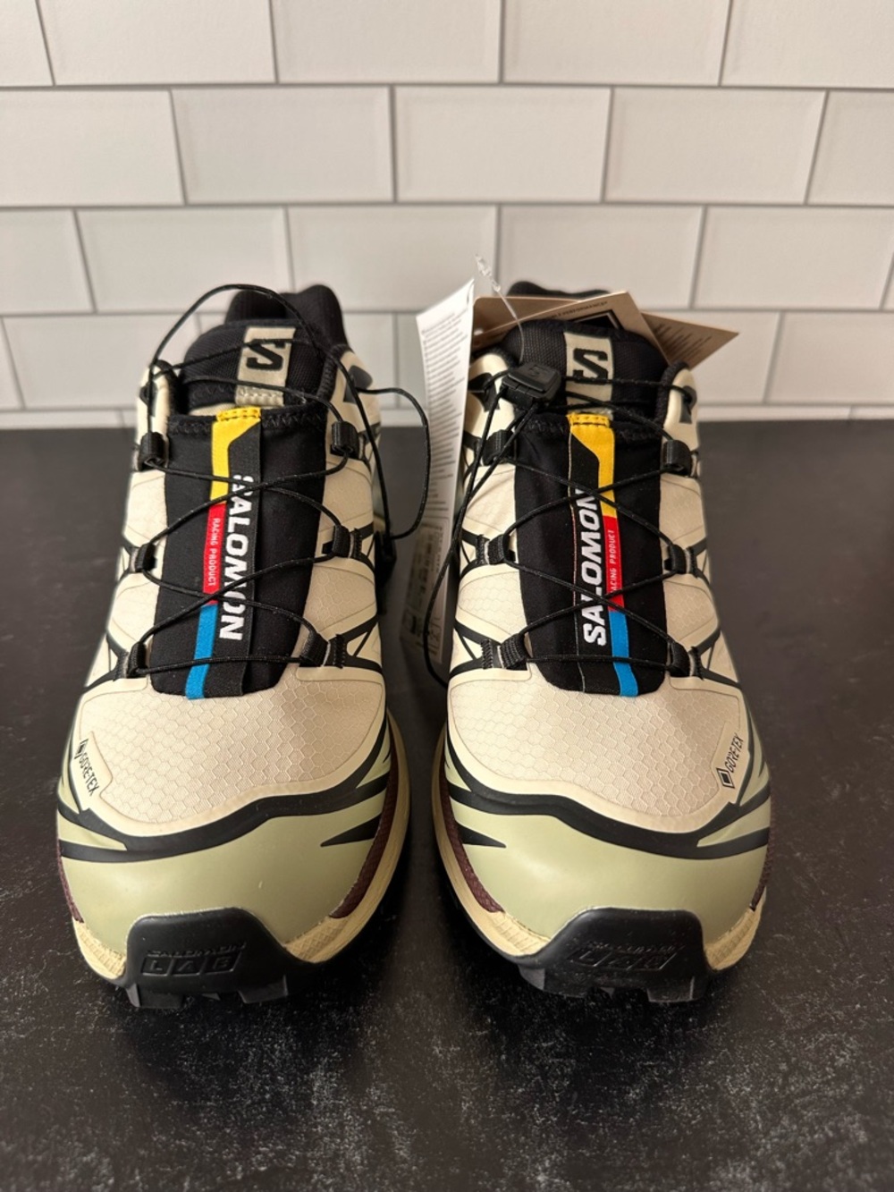 Salomon XT6 unisex Speedcross Trail Shoes - Beige/Olive with Accent 7.5W or 6.5M